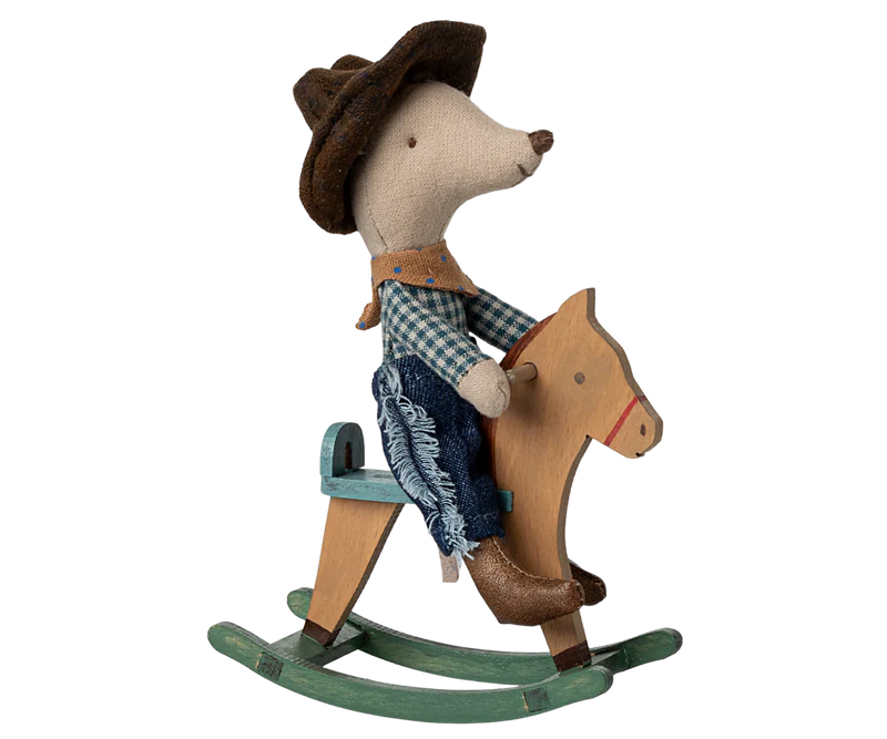 Cowboy mouse on rocking horse, Little brother